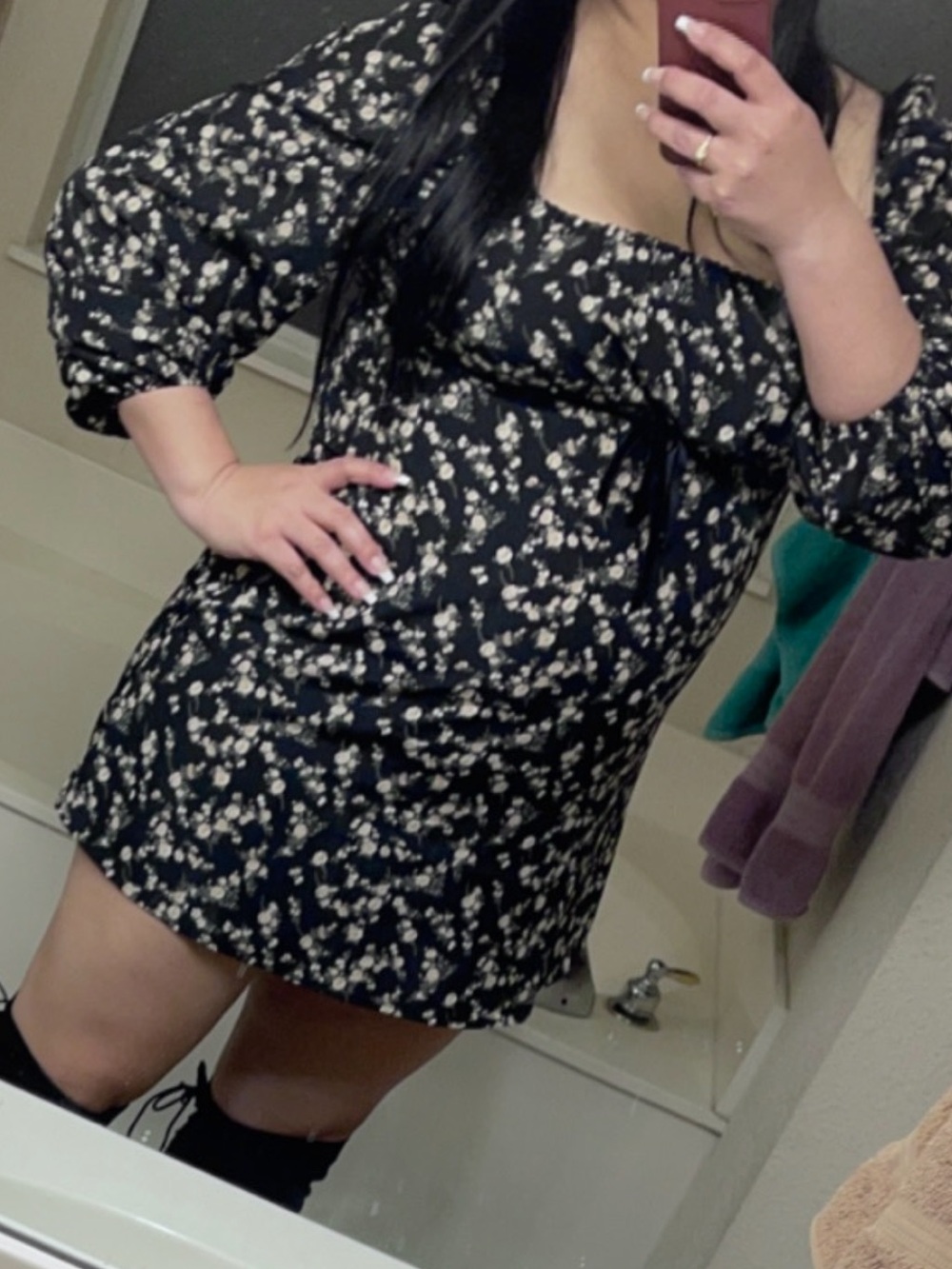 Black Floral Long Sleeve Babydoll Dress - XL